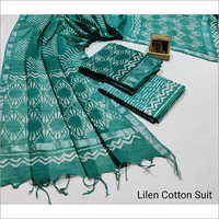 Cotton Ladies Hand Block Print Linen Suit With Linen Dupatta