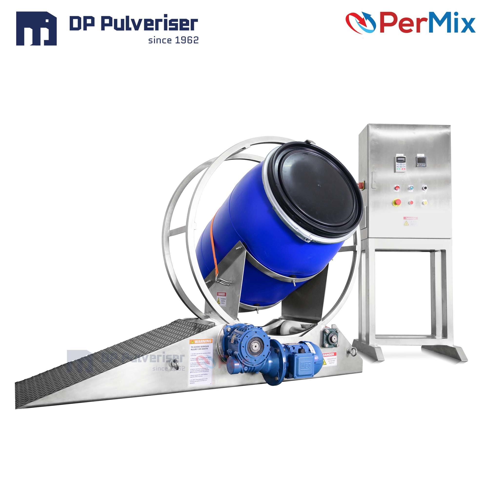 Drum Hoop Mixer - 200l Capacity, Roll-on/roll-off Ramp Drive, Foot Switch/timer | Intensive Mixing For Dry Powders & Granules, Easy Cleaning, Gmp Option