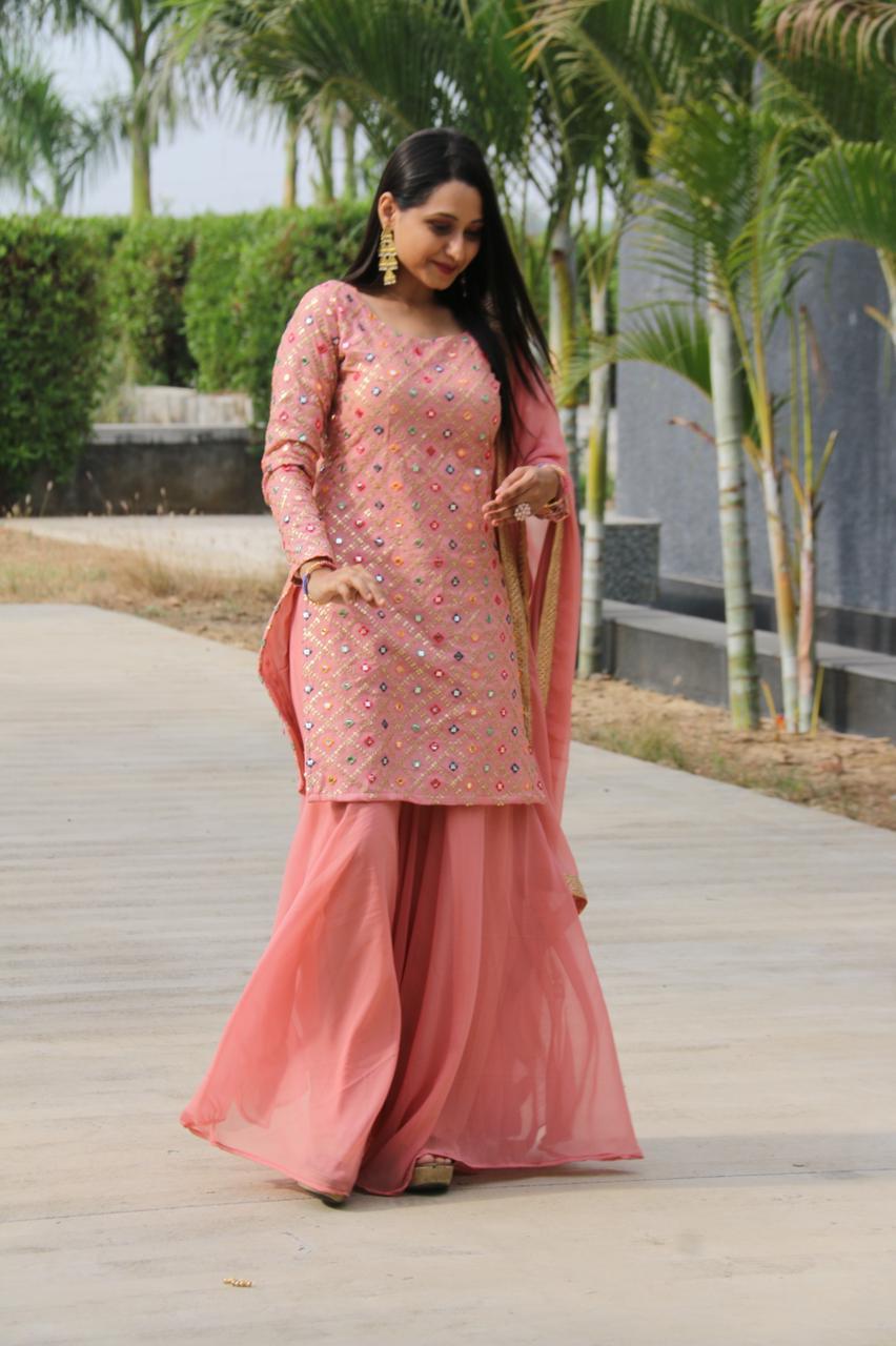 Mother Daughter Plazoo Set - Georgette Fabric, Embroidered Design | Long Sleeves, Traditional Style, Pink Color, Sizes L-xxl, Ideal For All Seasons