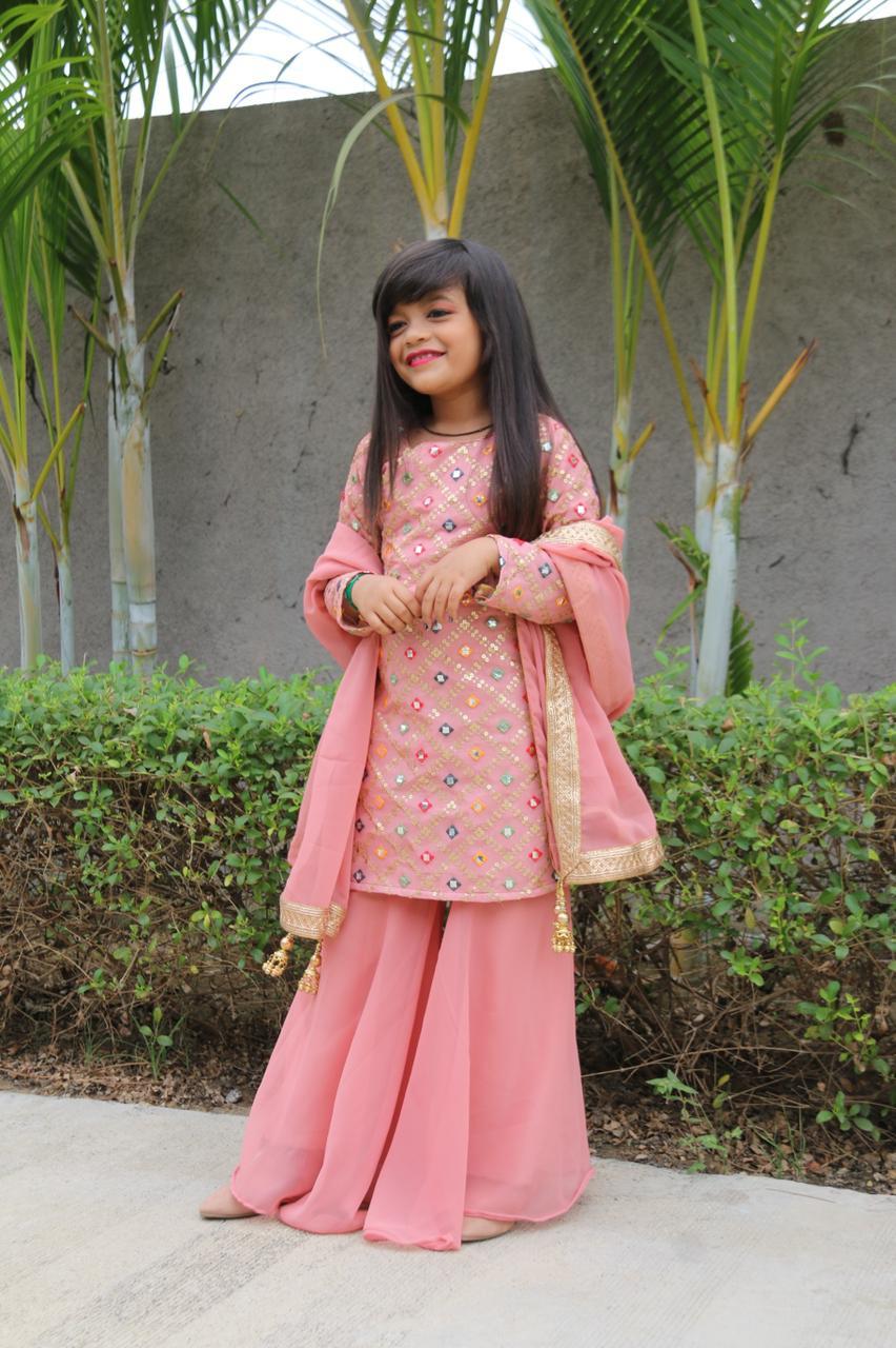 Mother Daughter Plazoo Set - Georgette Fabric, Embroidered Design | Long Sleeves, Traditional Style, Pink Color, Sizes L-xxl, Ideal For All Seasons