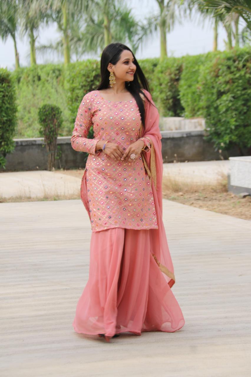 Mother Daughter Plazoo Set - Georgette Fabric, Embroidered Design | Long Sleeves, Traditional Style, Pink Color, Sizes L-xxl, Ideal For All Seasons
