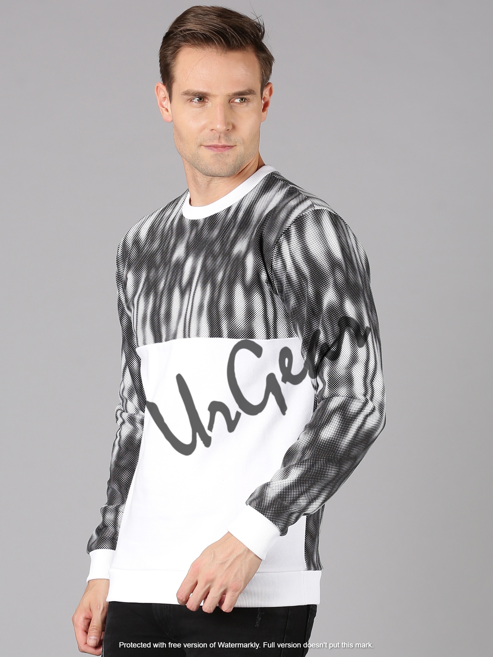 Mens Round Neck Sweatshirt - 100% Combed Cotton Fleece, Sizes S-xxl, White & Black Colors | Breathable, Bio-washed, Long Sleeve, Printed Design