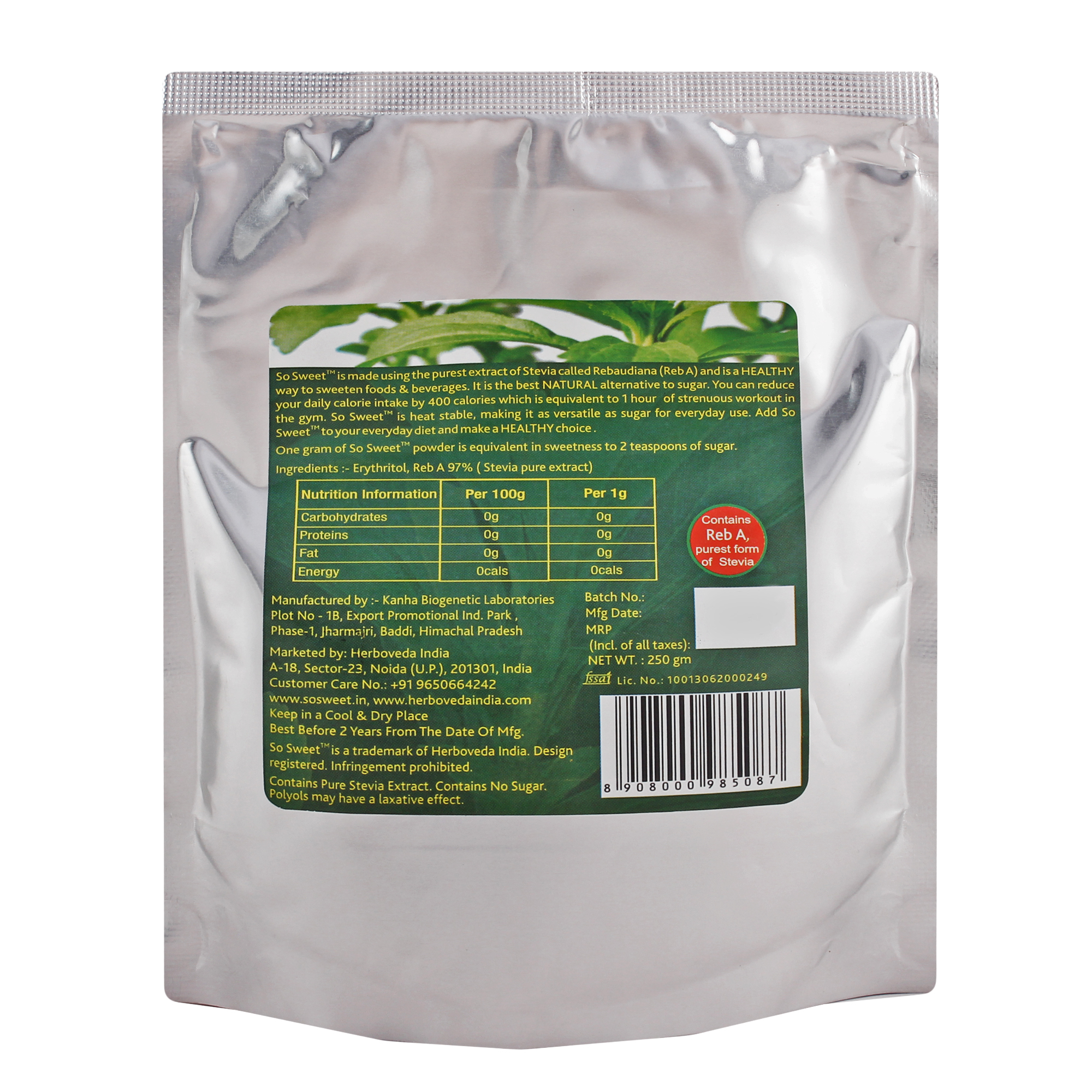 So Sweet Stevia Powder 250 Gm - 100% Pure White Crystal Sugar Substitute | Sugar Free, Zero Calories, Ideal For Diabetics & Weight Watchers