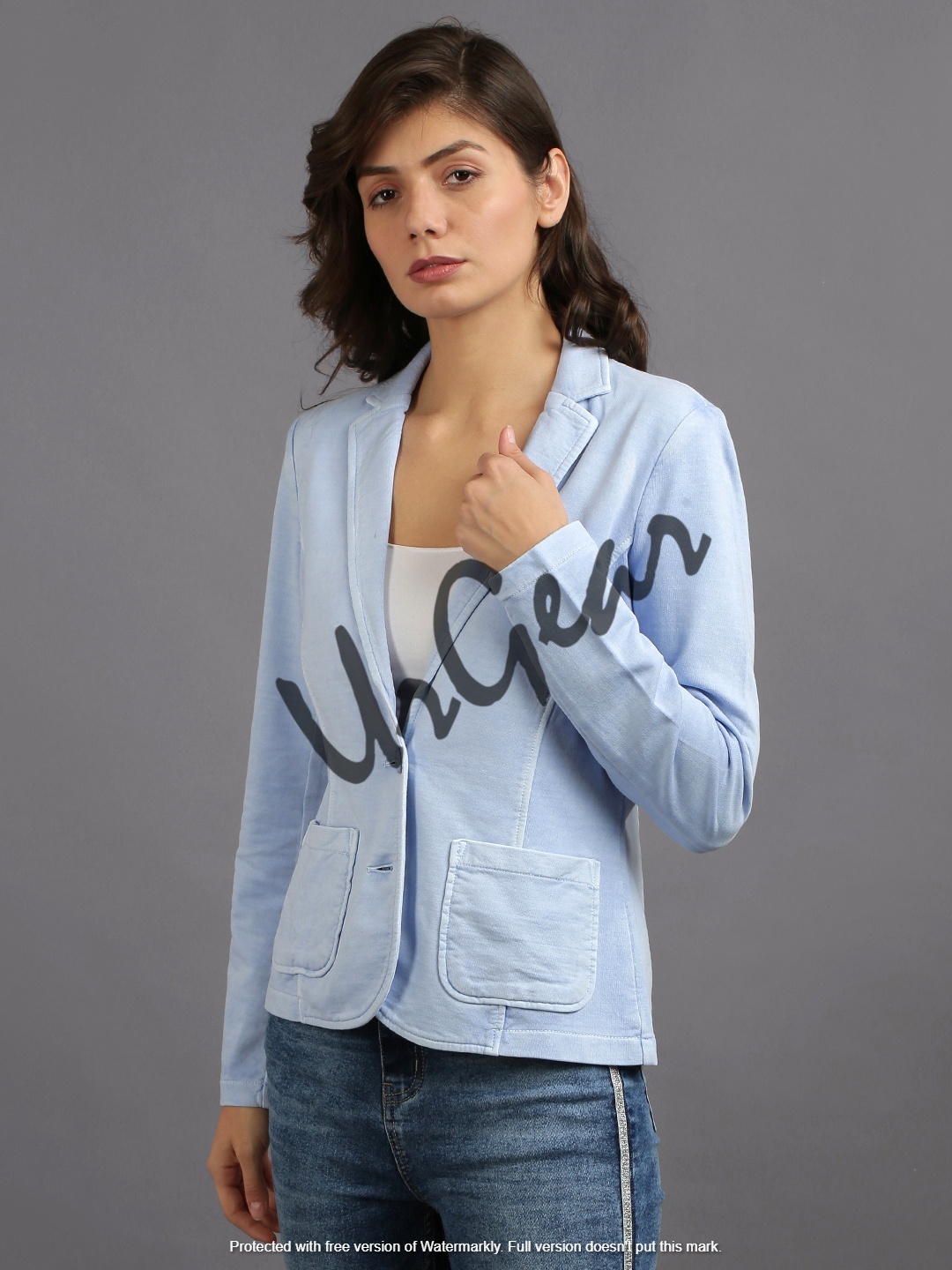 Women Sky Blue Solid Jacket Decoration Material: Cloths