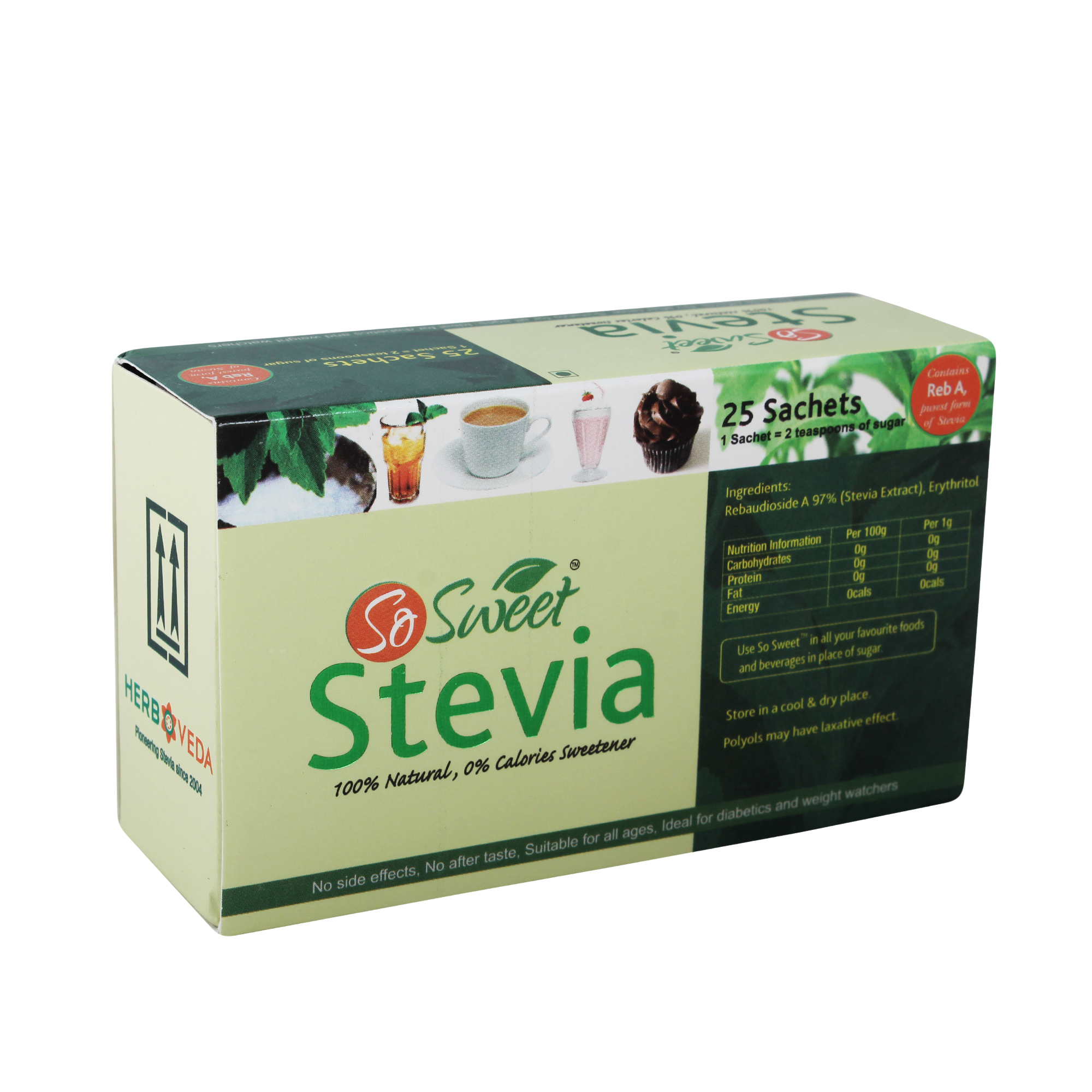 So Sweet Stevia - 25 Sachets, 30 Grams Pure Powder | Crystal Sugar, White Color, 100% Natural Sweetener, 300 Times Sweeter