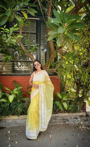 Party Wear Lemon Yellow Organza Saree at Best Price in Surat Rawal Sarees