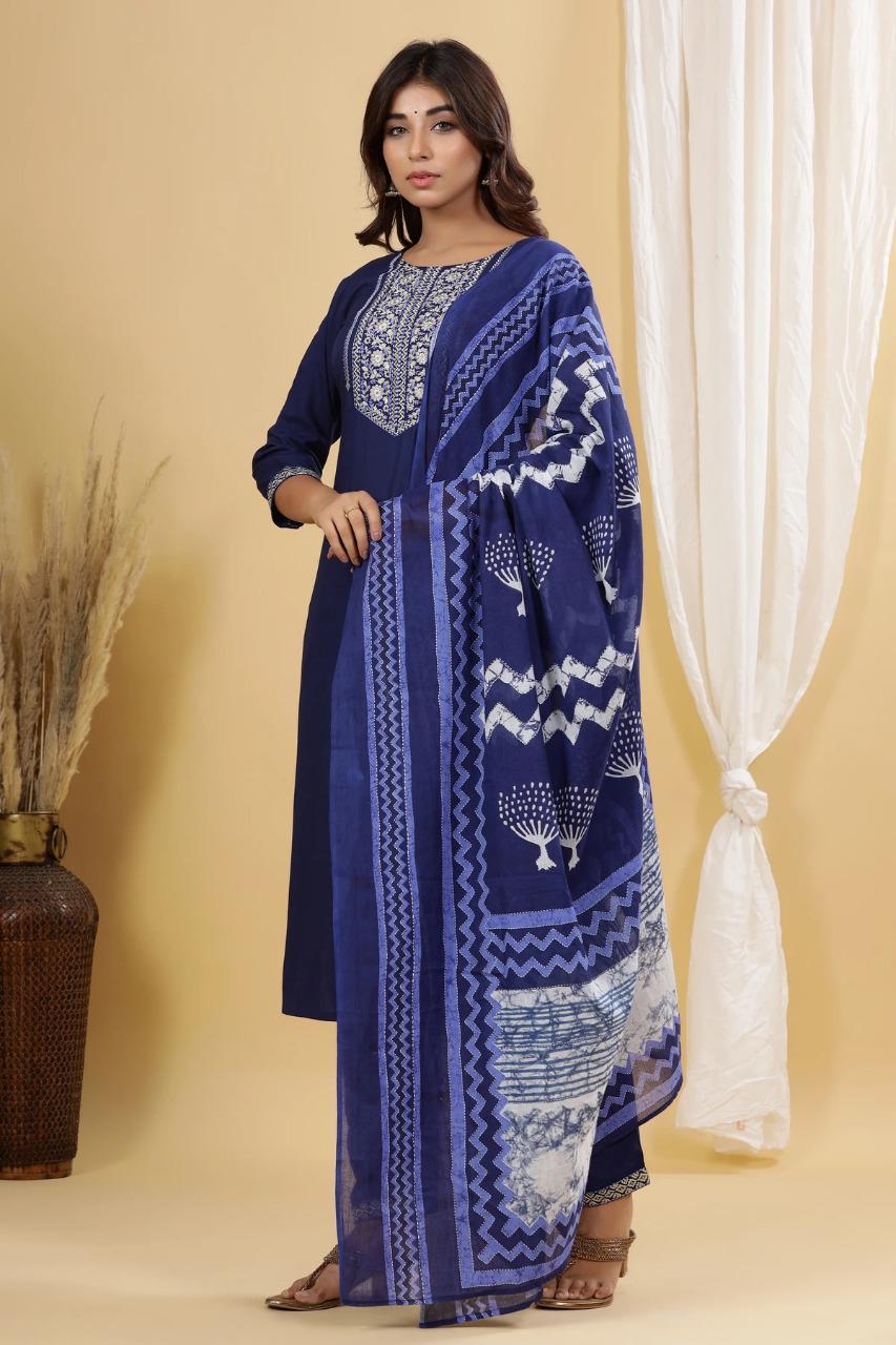 Jaipuri Kurta Trouser Dupatta Set - Other Fabric, Embroidered Pattern, Blue Color | Bollywood Style, Suitable For All Seasons, Perfect For Formal Occasions
