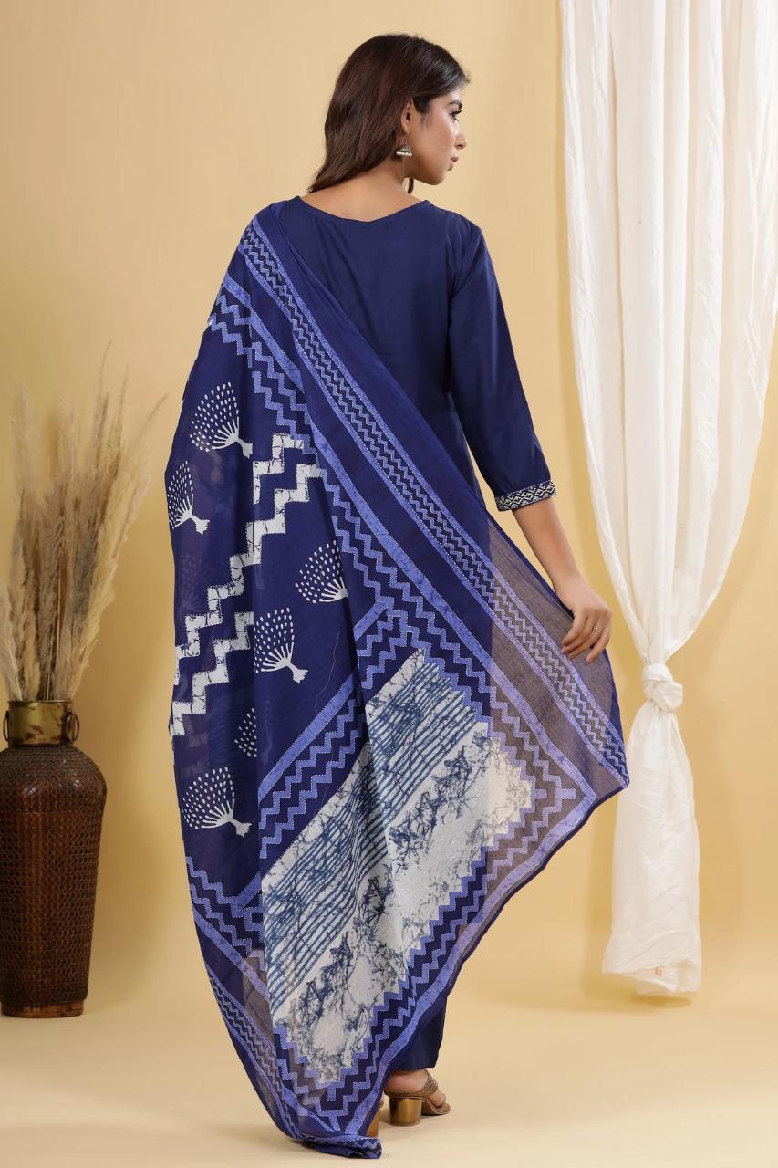 Jaipuri Kurta Trouser Dupatta Set - Other Fabric, Embroidered Pattern, Blue Color | Bollywood Style, Suitable For All Seasons, Perfect For Formal Occasions