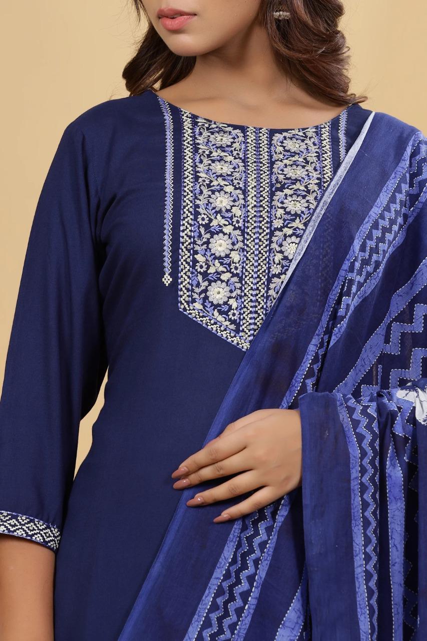 Jaipuri Kurta Trouser Dupatta Set - Other Fabric, Embroidered Pattern, Blue Color | Bollywood Style, Suitable For All Seasons, Perfect For Formal Occasions