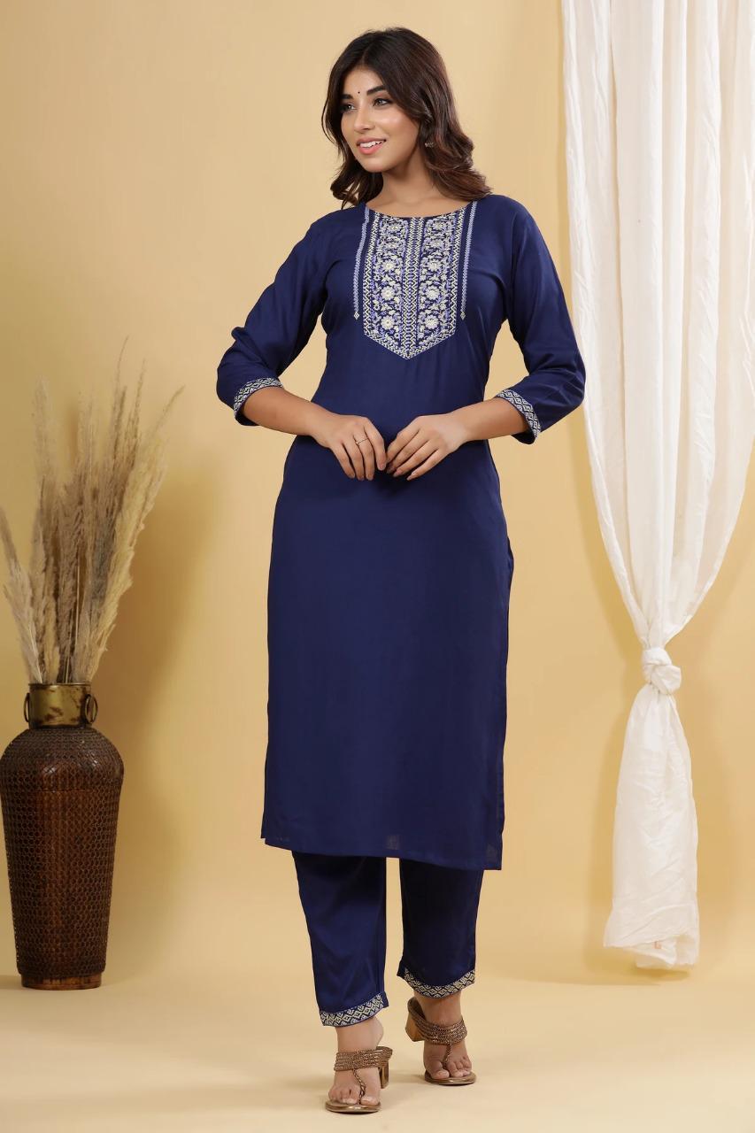 Jaipuri Kurta Trouser Dupatta Set - Other Fabric, Embroidered Pattern, Blue Color | Bollywood Style, Suitable For All Seasons, Perfect For Formal Occasions