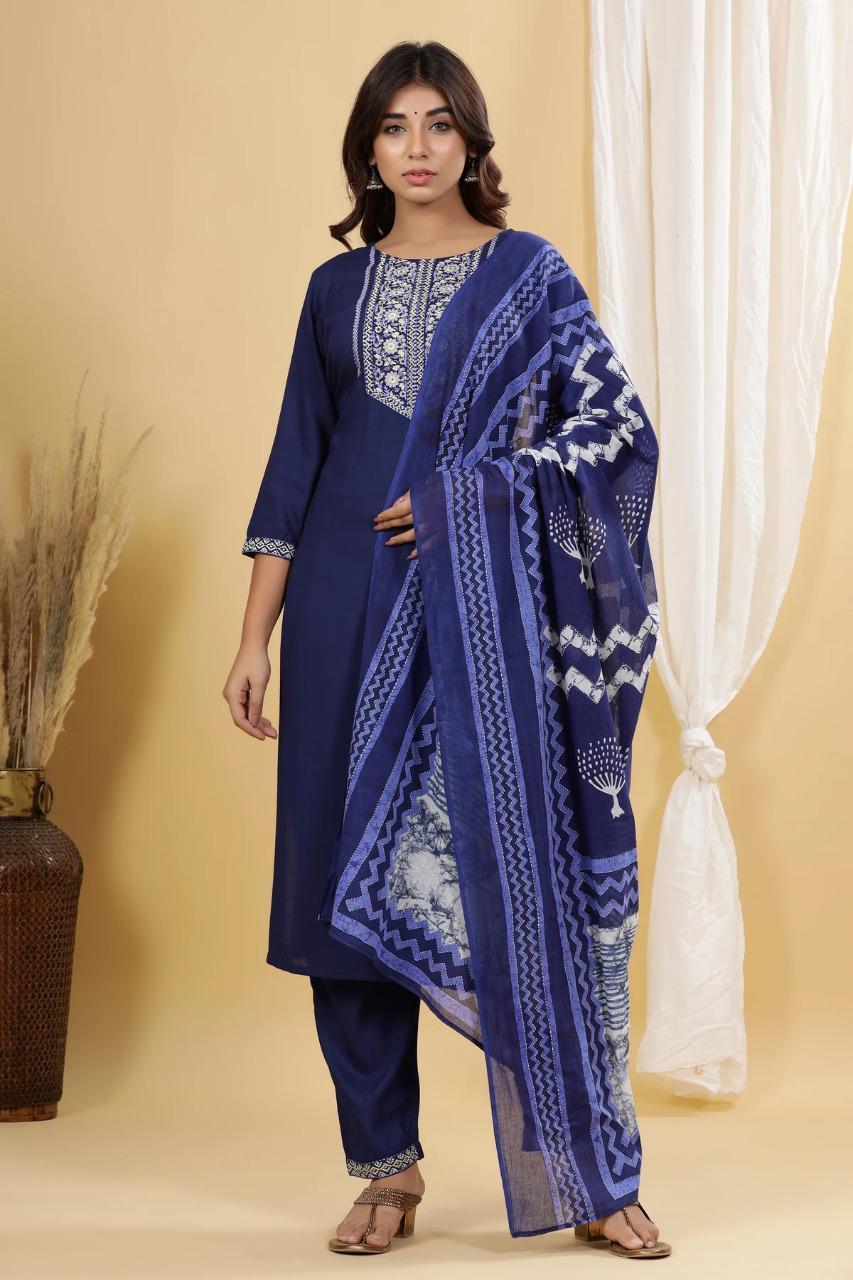 Jaipuri Kurta Trouser Dupatta Set - Other Fabric, Embroidered Pattern, Blue Color | Bollywood Style, Suitable For All Seasons, Perfect For Formal Occasions