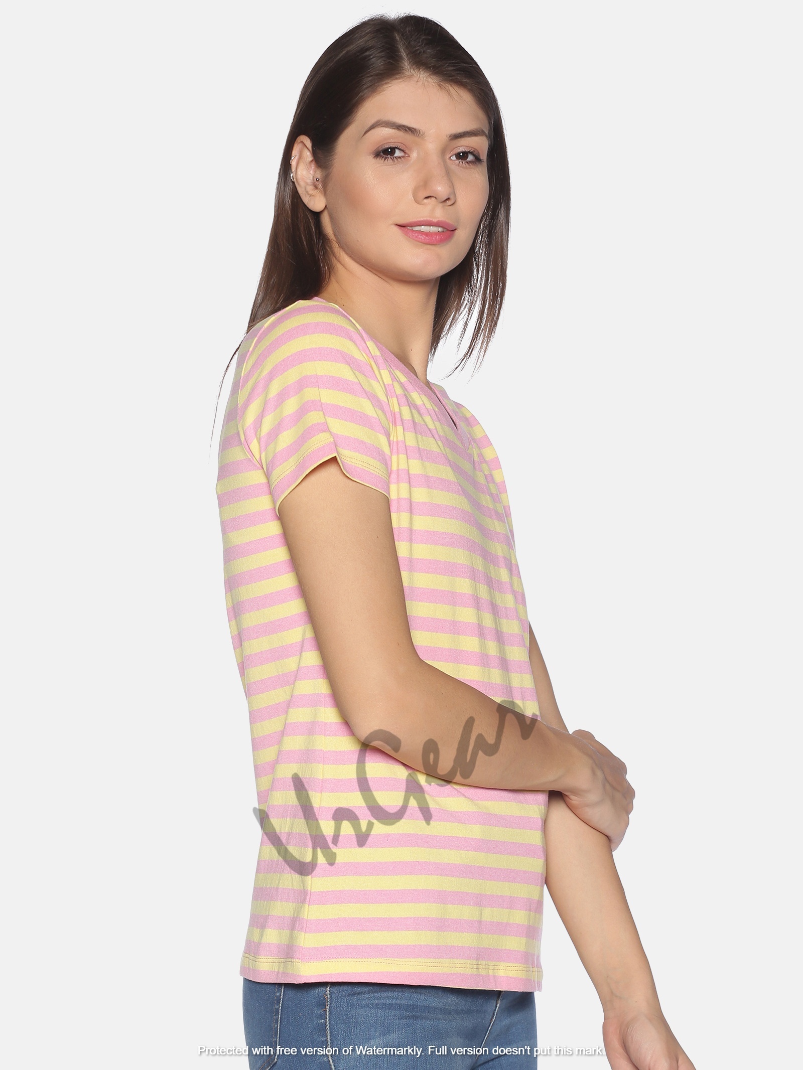 Womens V Neck T-shirt - 100% Combed Cotton, Sizes Xs-xl, Pink Striped, Short Sleeves, Bio-washed For Softness | Breathable, Washable, No Fade