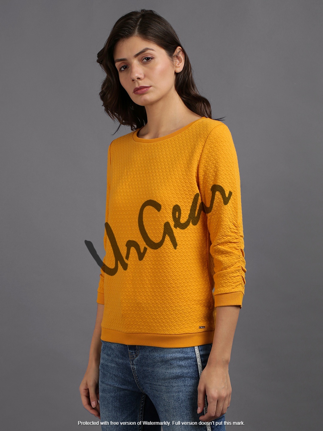 Trendy Women Round Neck Sweatshirt - 100% Combed Cotton & Fleece, Sizes S-xxxl, Yellow With Embroidered Decoration - Breathable, No Fade, Washable, Full Sleeves