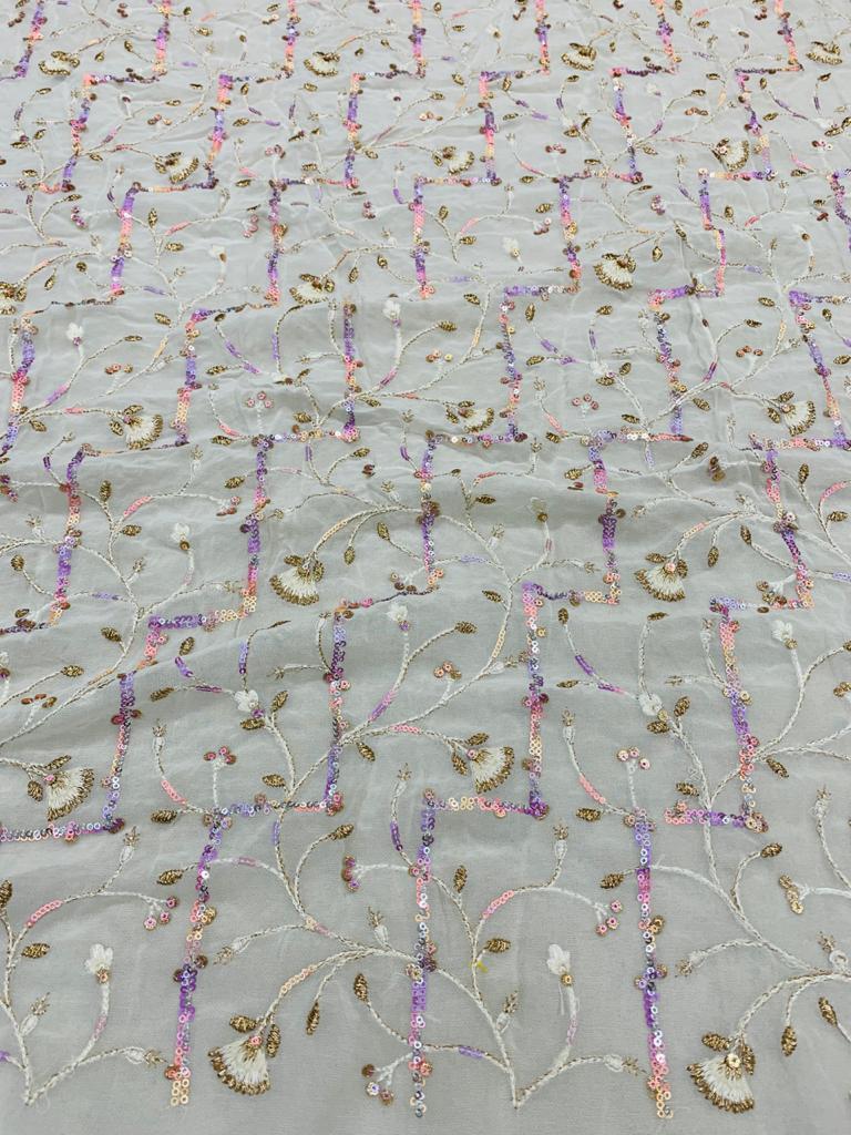Embroidery Viscose Georgette Fabric - 44 Inch Width, Dyeable Viscose Georgette With Multi-coloured Sequence And Thread Work | Available In Various Colors, Meter Length Options