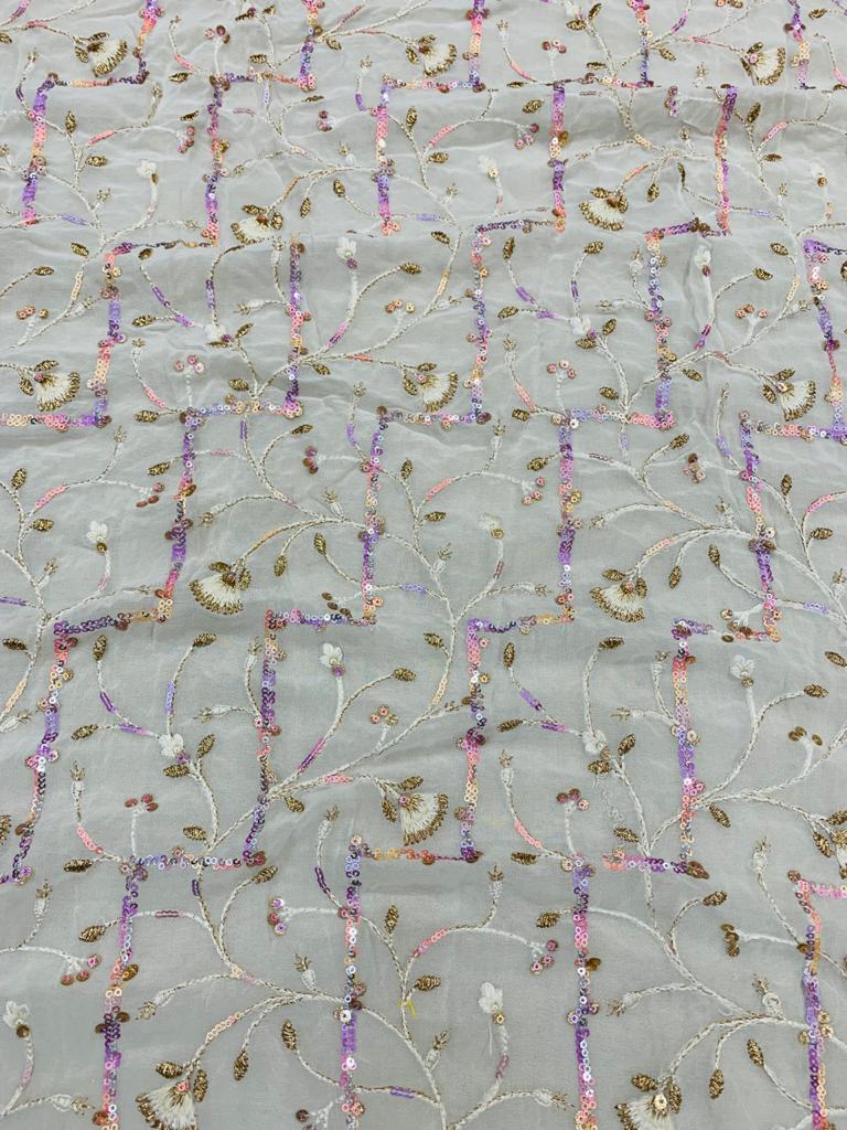 Embroidery Viscose Georgette Fabric - 44 Inch Width, Dyeable Viscose Georgette With Multi-coloured Sequence And Thread Work | Available In Various Colors, Meter Length Options
