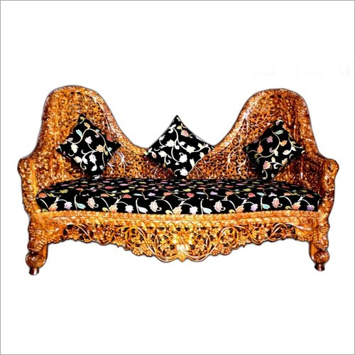 Wooden Sofa - Teak Two-Seater Mooda Sofa | Polished Finish, Intricate Carving for Indoor Drawing Room Use