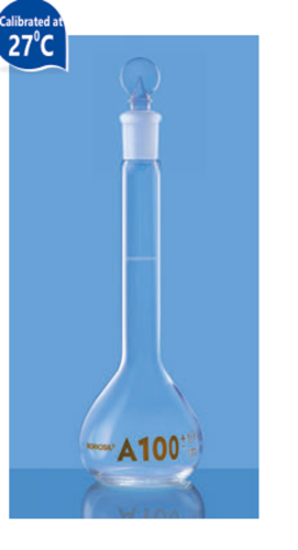 Volumetric Flask - Borosilicate Glass 100ml, Clear with Precisely Calibrated Volume Markings and Conical Bottom Elongated Neck