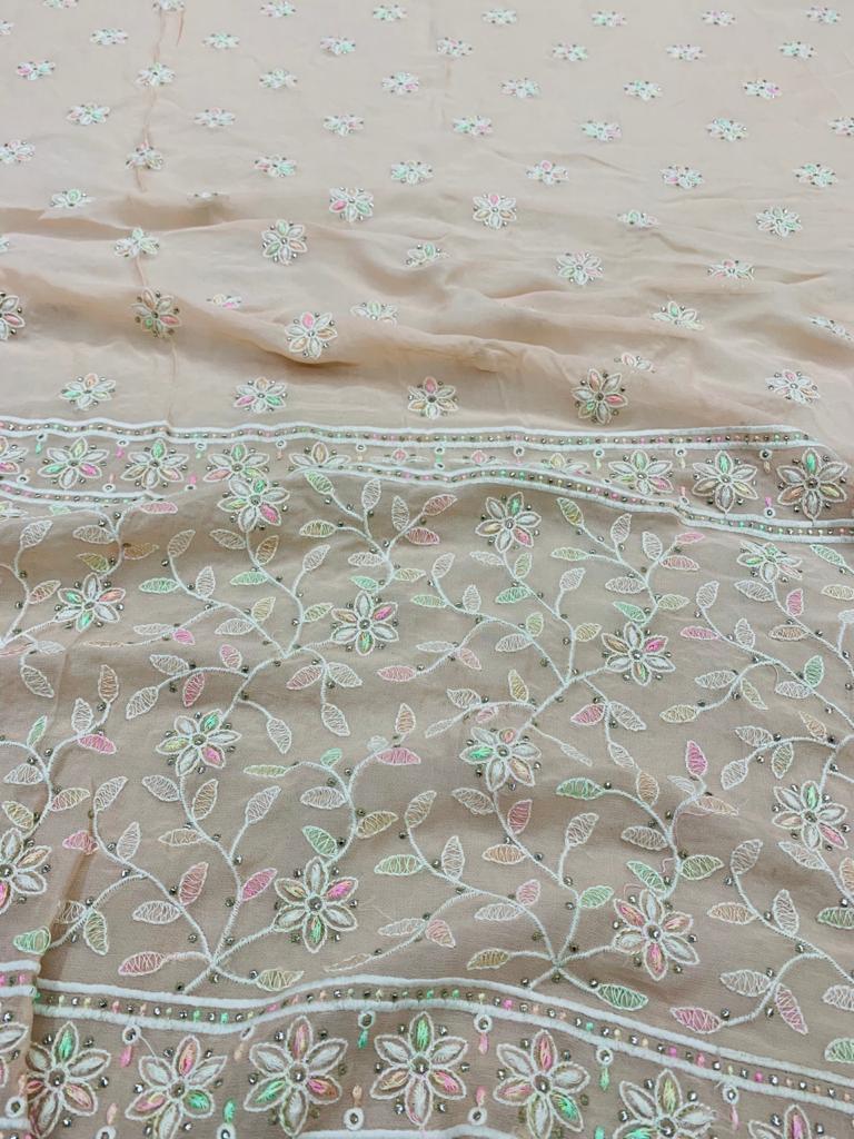 Embroidery Viscose Georgette Fabric - Multi-coloured Threadwork, Exceptionally Soft , Washable Texture In Big Width, Customizable Length