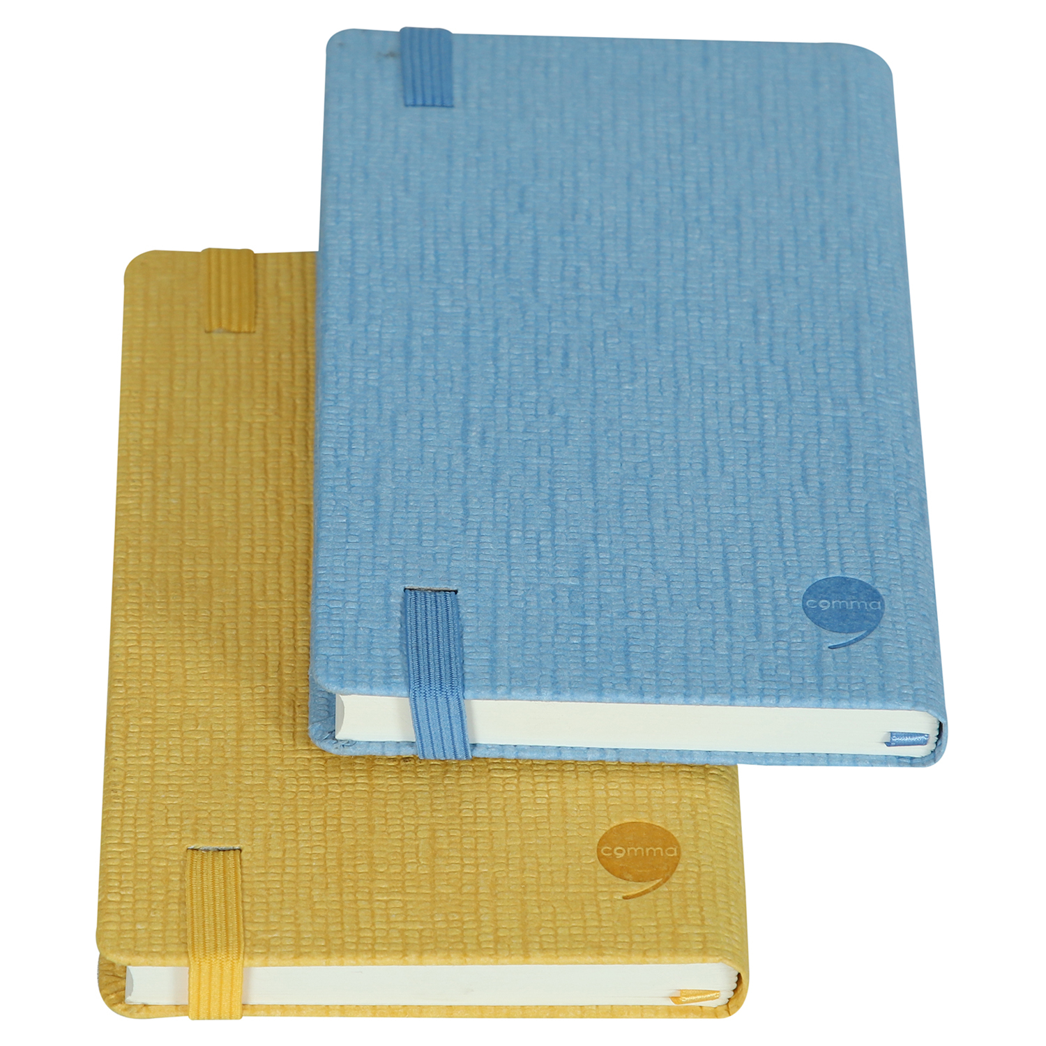 Features Include An Elastic Band Closure Comma Abaca - A6 Size - Hard Bound Notebook (Sky Blue And Yellow)