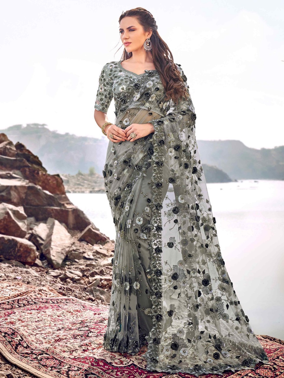 Designer Net Saree - Net Fabric, Heavy Silk Blouse With Zari & Resham Embroidery, Multi-color | Perfect For Parties With Gorgeous Beads And Stone Handwork