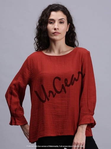 Red Trendy Women Round Neck Top