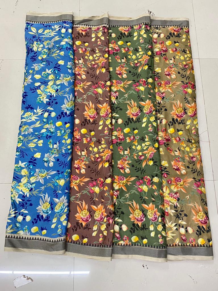 Printed Ladies Saree - Khadi Cotton, 4 Colour Matching With Printed Lace | Casual Floral Pattern For All Seasons: Rainy, Spring, Summer, Winter