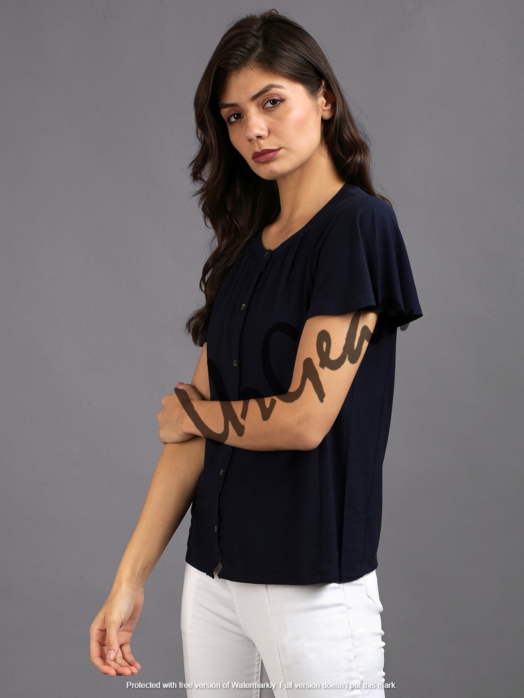 Women Navy Solid Top Decoration Material: Cloths