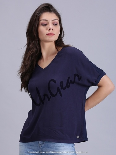 Womens Trendy V-Neck Navy Top Decoration Material: Cloths