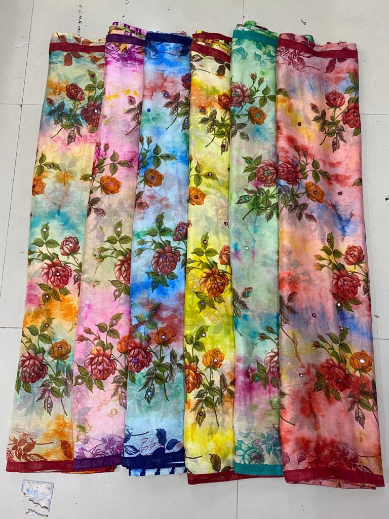 Printed Chiffon Saree - Bead Closure, 6 Or 8 Vibrant Colors | Traditional Style With Elegant Mirror Work And Piping