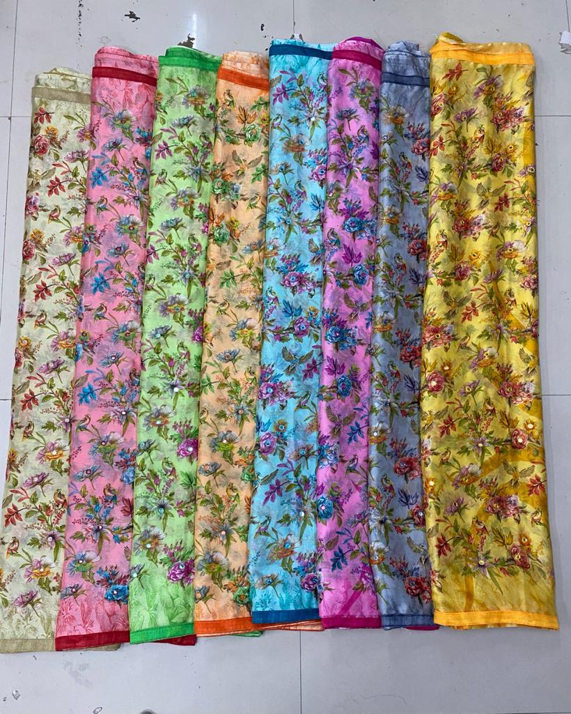 Printed Chiffon Saree - Bead Closure, 6 Or 8 Vibrant Colors | Traditional Style With Elegant Mirror Work And Piping