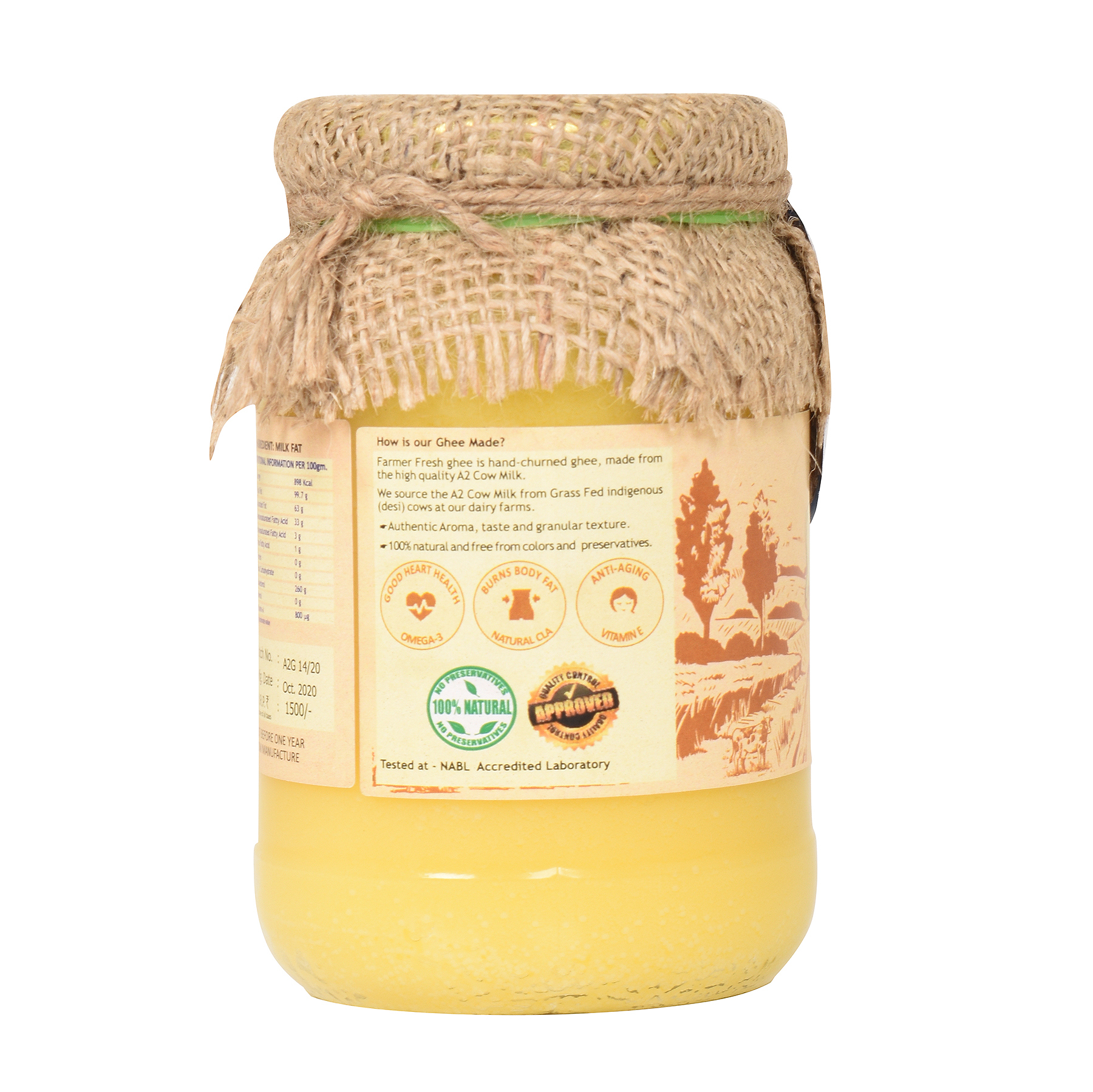 Farmer Fresh A2 Cow Ghee - 500g Bulk Packaging | 1 Year Shelf Life, Naturally Sourced A2 Milk For Authentic Culinary Experience