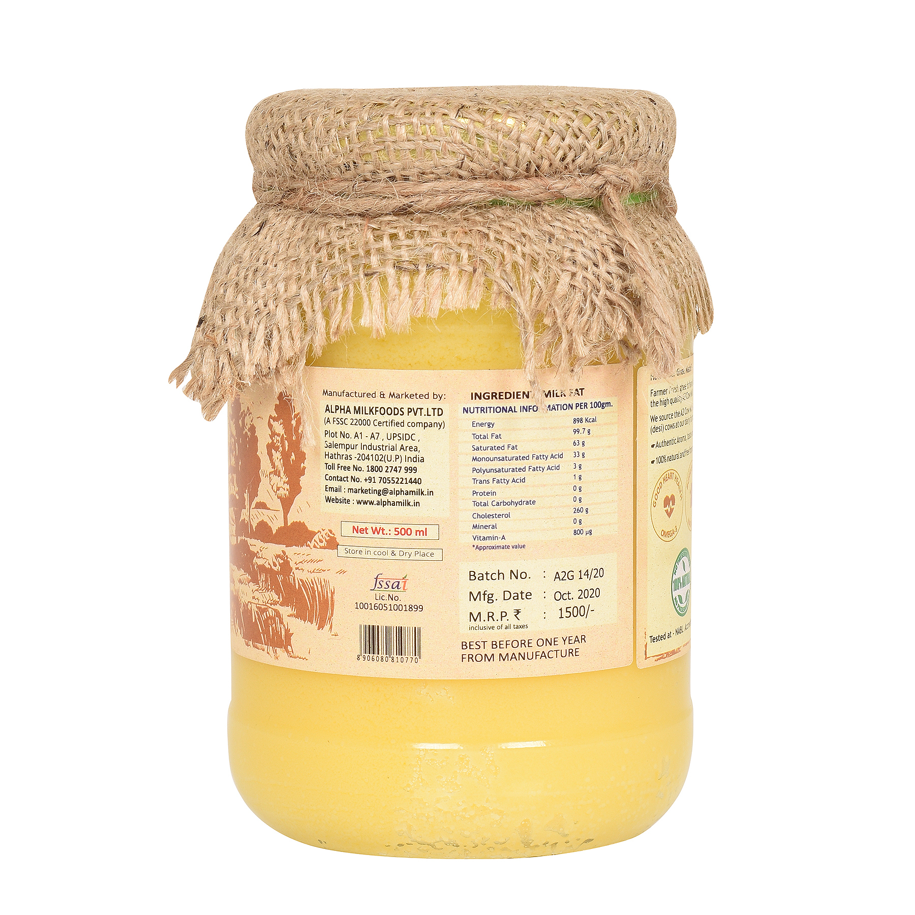 Farmer Fresh A2 Cow Ghee - 500g Bulk Packaging | 1 Year Shelf Life, Naturally Sourced A2 Milk For Authentic Culinary Experience