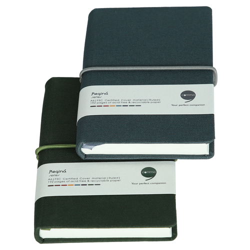 Features Include An Elastic Band Closure Comma Regina - A6 Size - Hard Bound Notebook (Dark Green And Grey)