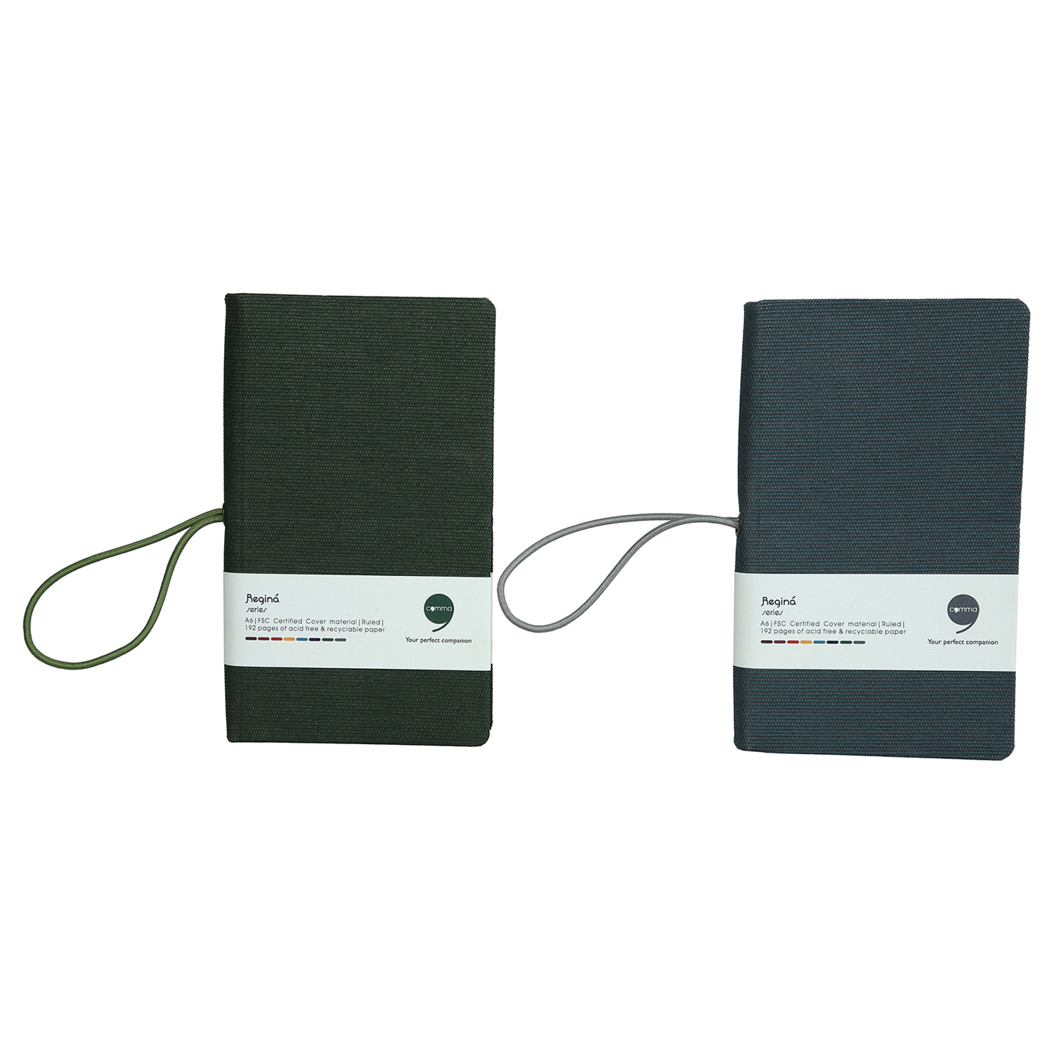 Features Include An Elastic Band Closure Comma Regina - A6 Size - Hard Bound Notebook (Dark Green And Grey)