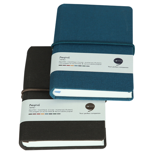 Features Include An Elastic Band Closure Comma Regina - A6 Size - Hard Bound Notebook (Brown And Peacock Blue))