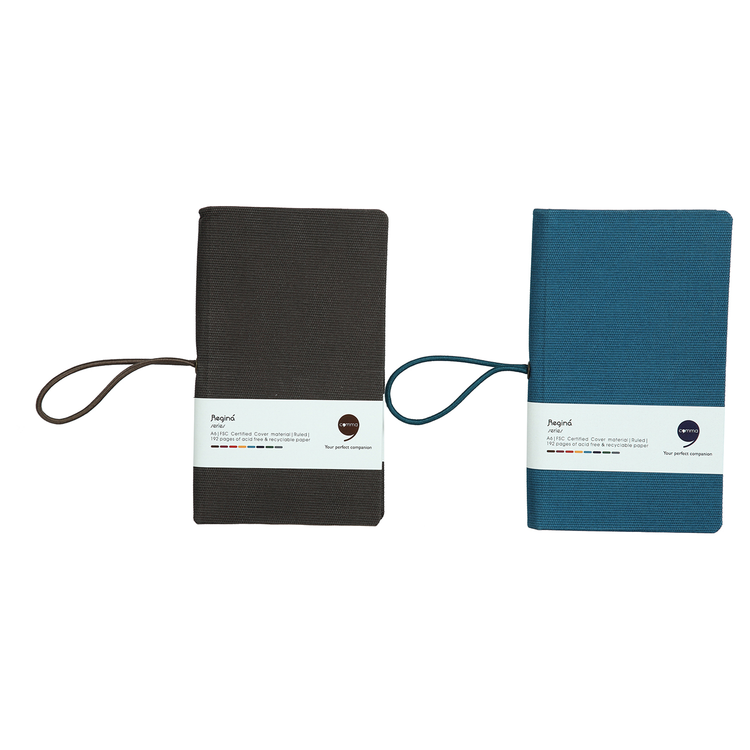 Features Include An Elastic Band Closure Comma Regina - A6 Size - Hard Bound Notebook (Brown And Peacock Blue))