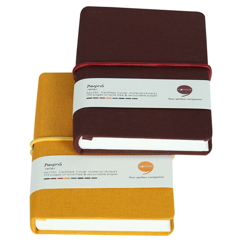 Features Include An Elastic Band Closure Comma Regina - A6 Size - Hard Bound Notebook (Maroon And Mustard Yellow))