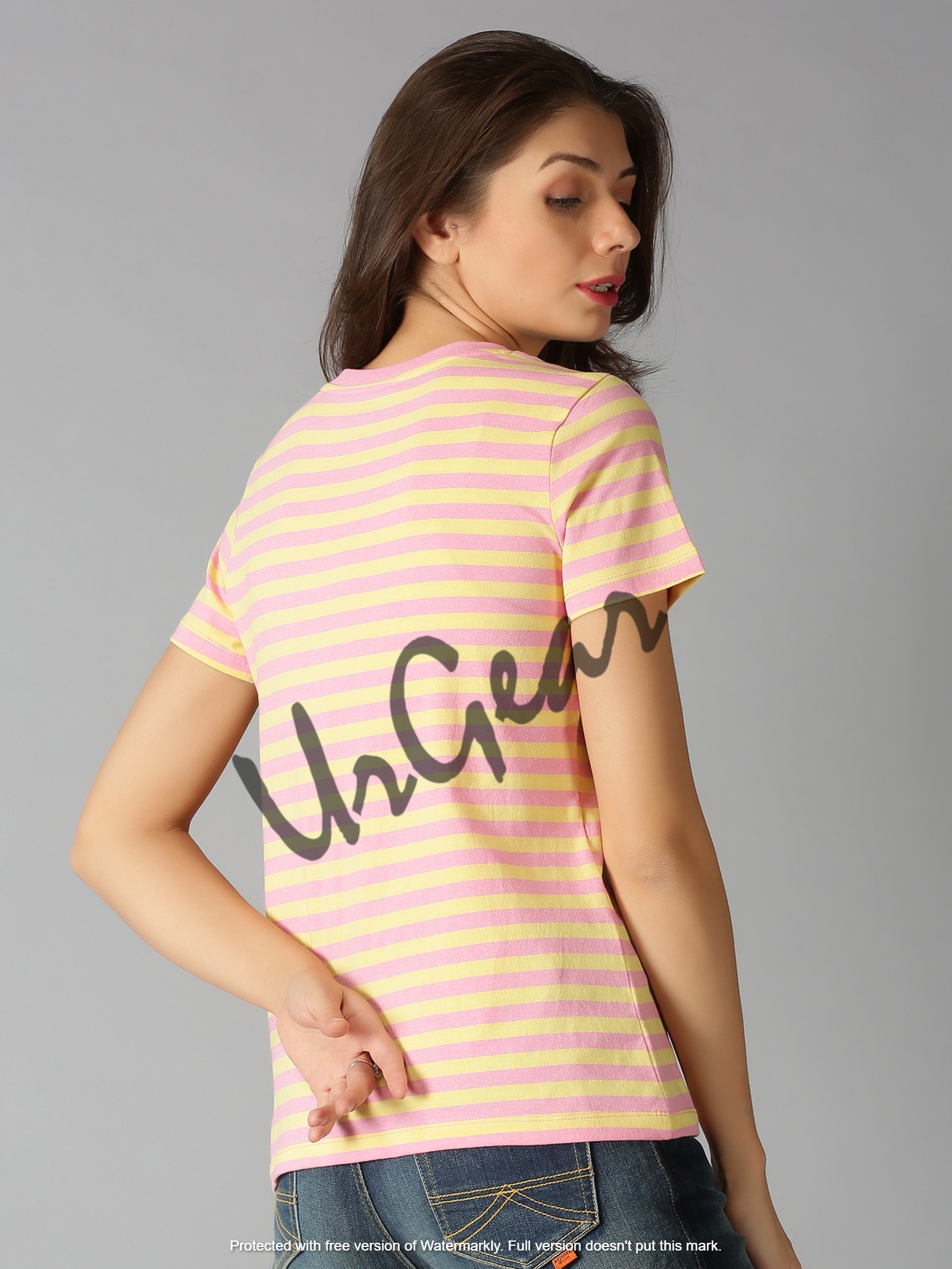 Womens V Neck T-shirt - 100% Combed Cotton, Sizes Xs-xl, Pink Striped, Short Sleeves, Bio-washed For Softness | Breathable, Washable, No Fade