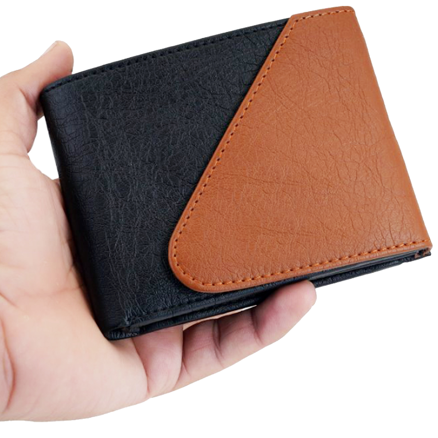 Mens Wallet Pu Leather Black-tan Tri-fold Gents Purse - Size 11.5 X 9 X 1 Cm, Closure: Snap Button, 2 Cash Compartments, 3 Card Slots, Coin Pocket