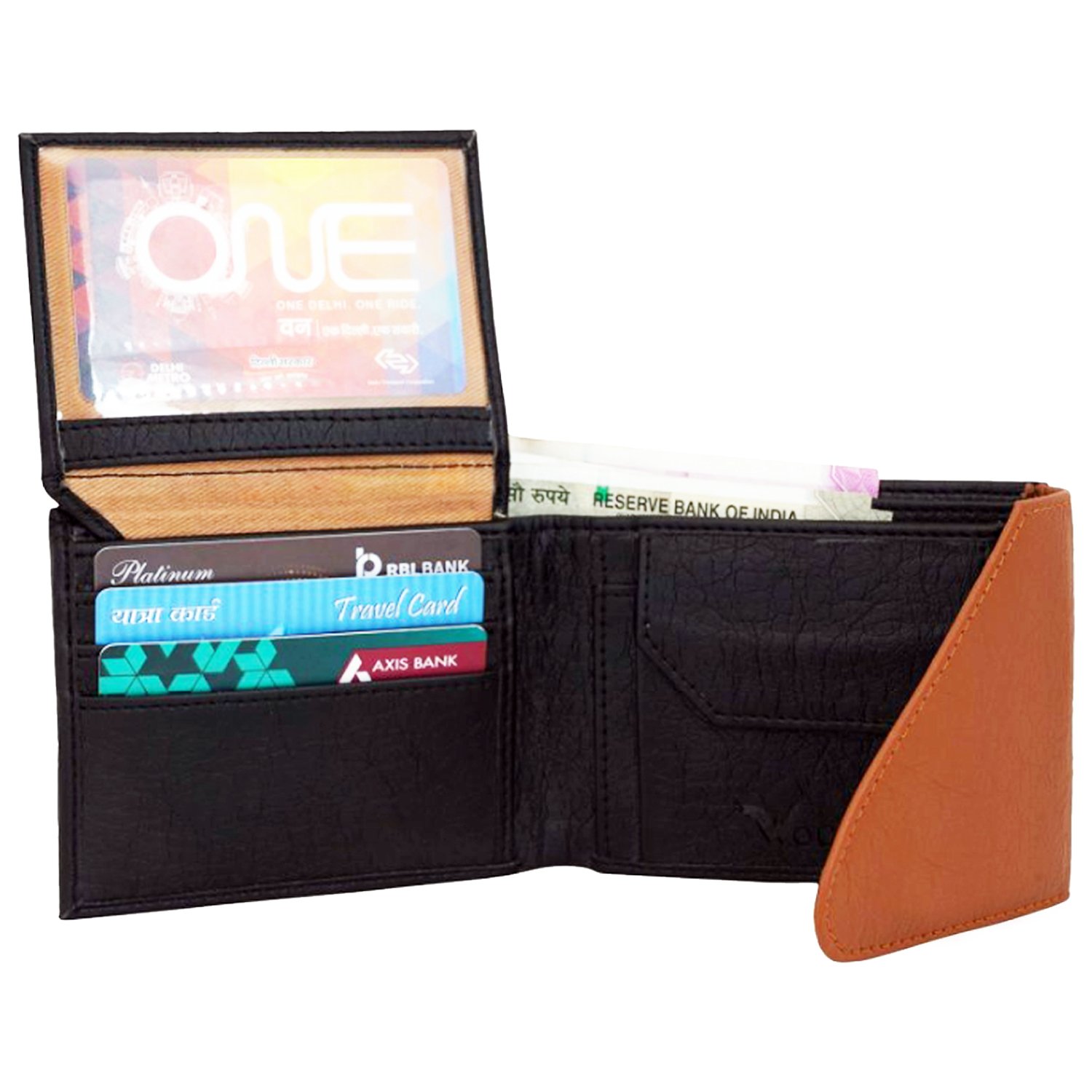 Mens Wallet Pu Leather Black-tan Tri-fold Gents Purse - Size 11.5 X 9 X 1 Cm, Closure: Snap Button, 2 Cash Compartments, 3 Card Slots, Coin Pocket