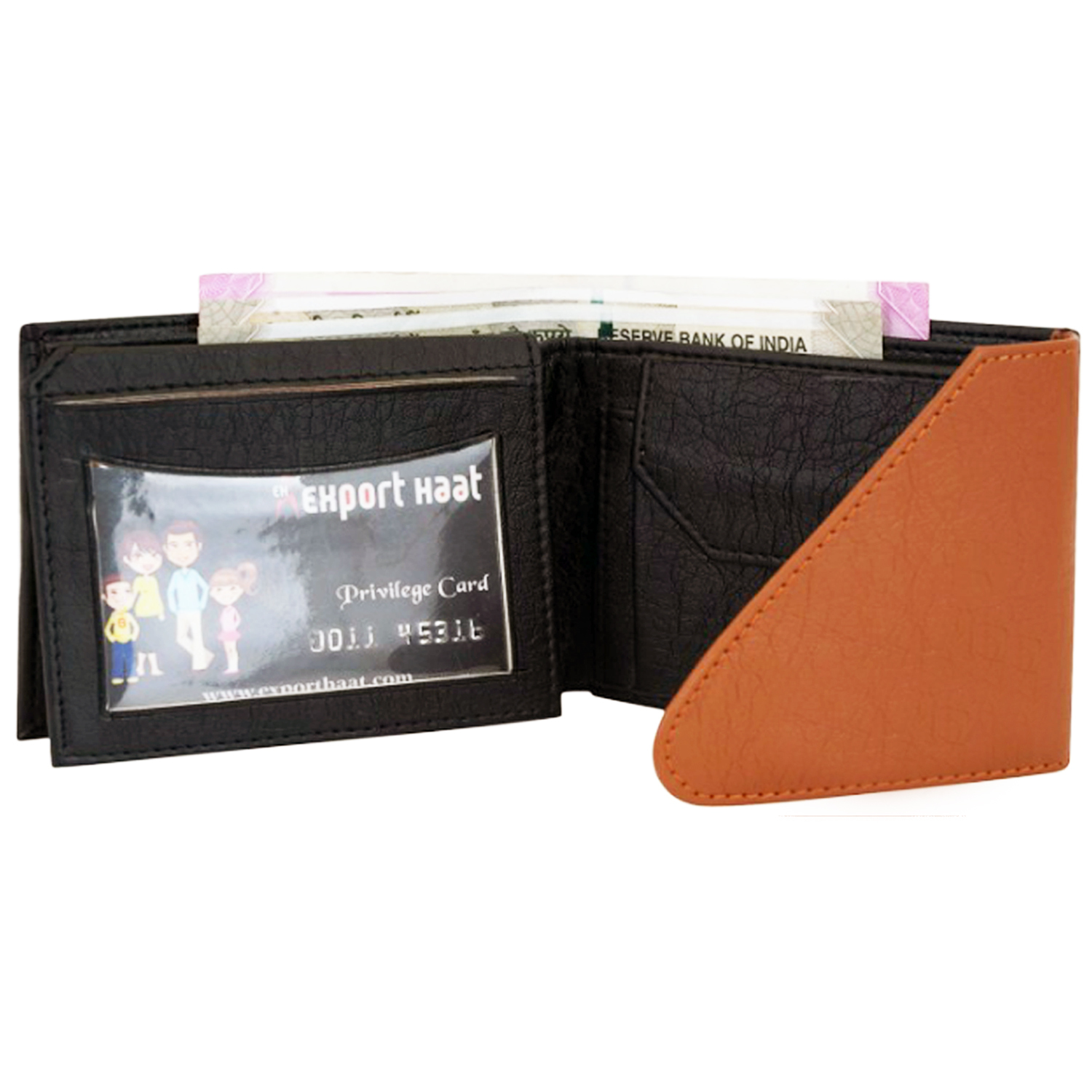 Mens Wallet Pu Leather Black-tan Tri-fold Gents Purse - Size 11.5 X 9 X 1 Cm, Closure: Snap Button, 2 Cash Compartments, 3 Card Slots, Coin Pocket