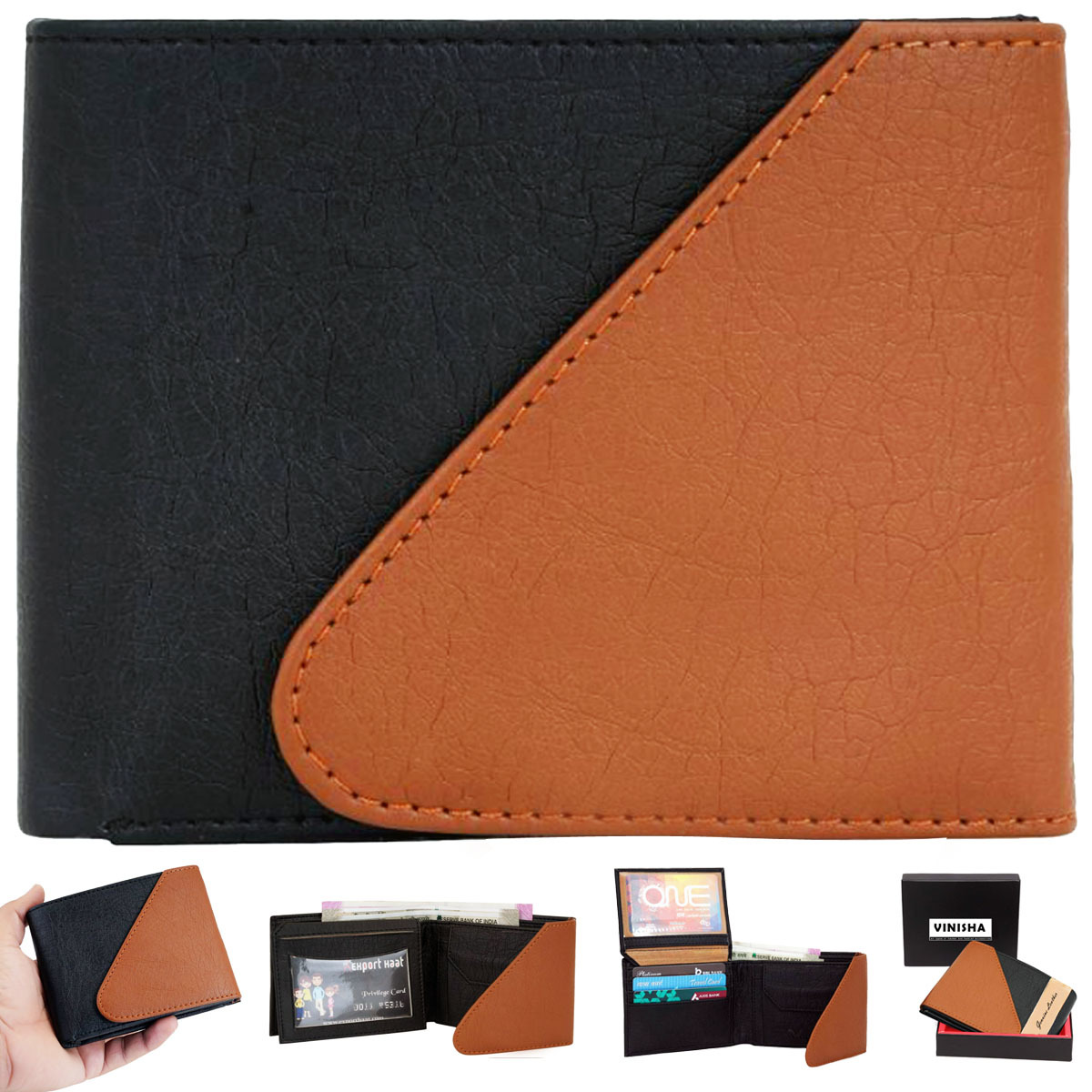 Mens Wallet Pu Leather Black-tan Tri-fold Gents Purse - Size 11.5 X 9 X 1 Cm, Closure: Snap Button, 2 Cash Compartments, 3 Card Slots, Coin Pocket