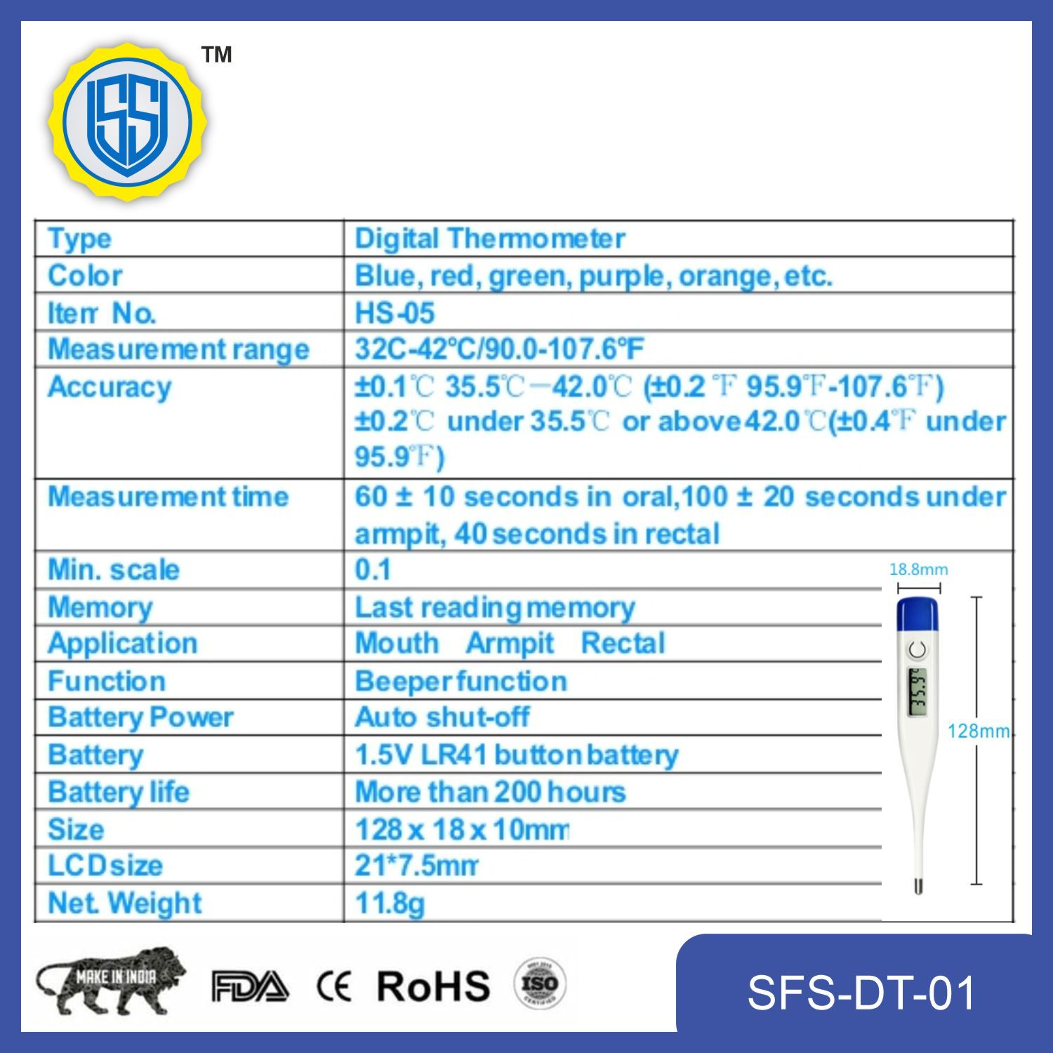 Digital Thermometer - Plastic, 126mm X 19mm X 9mm | Temperature Range 32.0â°c - 42.9â°c, Flexible & Hard Tip, Oral, Rectal & Axillary Use