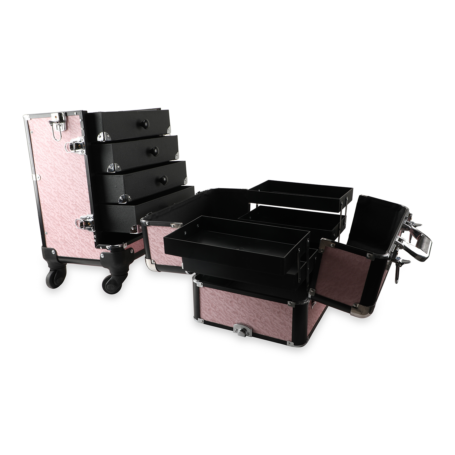 Vaara Pro Make-up Rolling Case R102 - Aluminium, 15"x12"x30.5" , 4 Adjustable Trays, Durable Mobile Design With Wheels And Easy Access Compartments