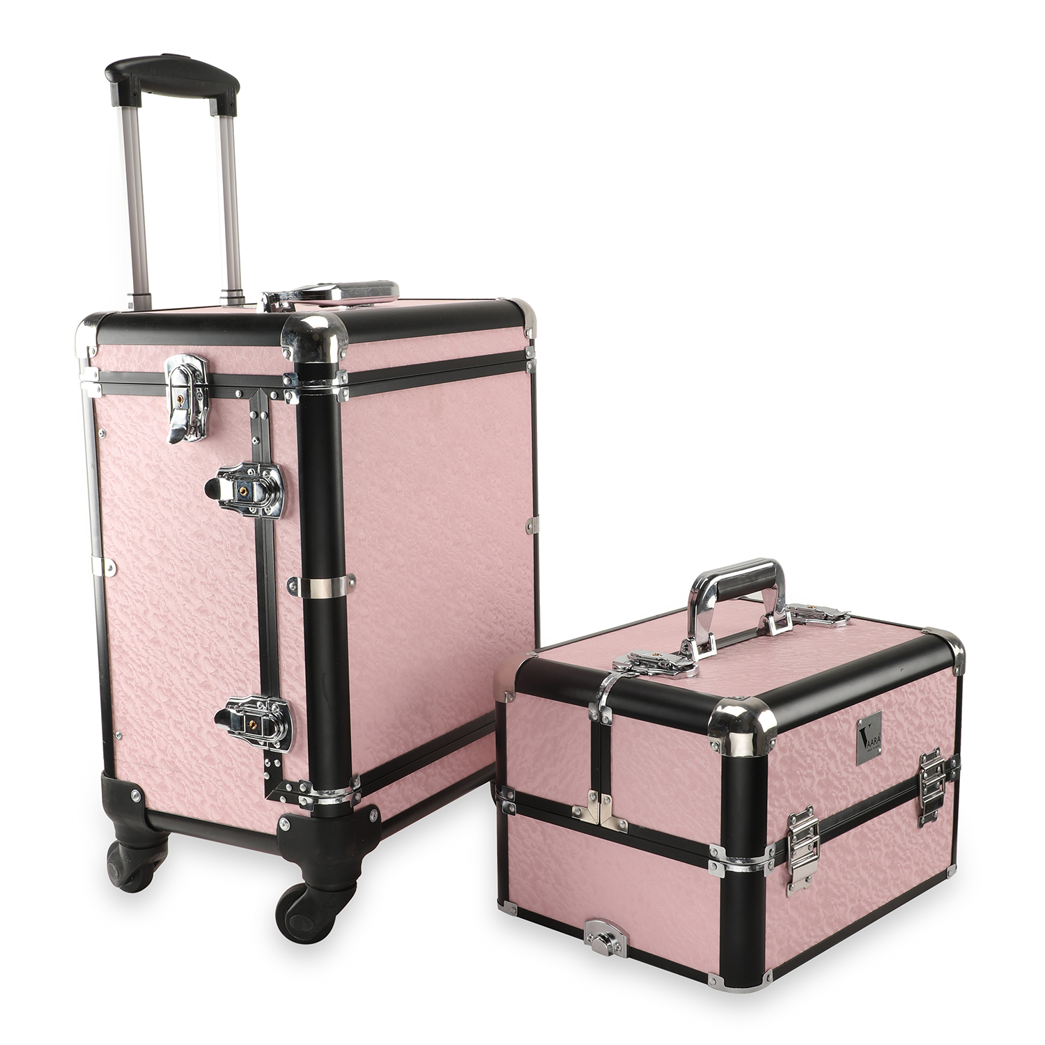 Vaara Pro Make-up Rolling Case R102 - Aluminium, 15"x12"x30.5" , 4 Adjustable Trays, Durable Mobile Design With Wheels And Easy Access Compartments
