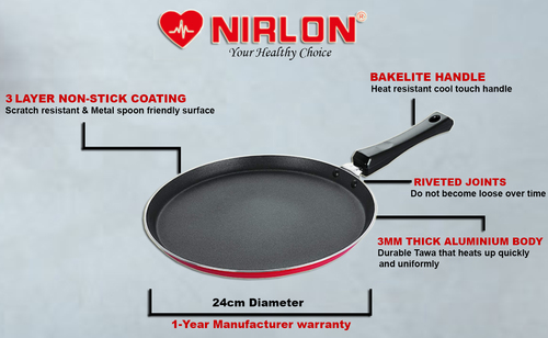 Nirlon Special Non-stick Aluminium Flat Tawa Red 26cm - 3mm Thickness, 1 Year Warranty, Bakelite Handle, 3 Layer WHITFORD Coating