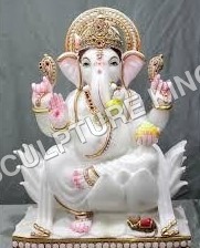 White Marble Ganesh Statue - 12 Inches, Hand-Painted Face and Palm with Gold-Infused Jewelry Designs