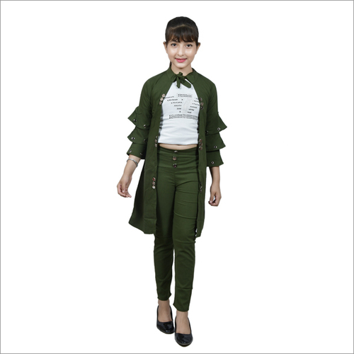 धोने योग्य लड़की गहरे हरे रंग की घुटने की लंबाई का श्रग 3 पीस के साथ