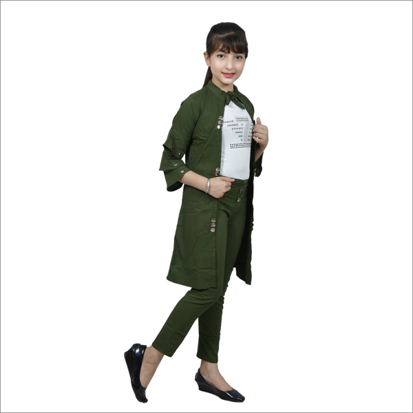 Girl Dark Green Colored Knee Length Shrug With 3 Piece - Cotton, All Season, Plain/printed, Quick Dry & Washable Features | Ideal For Everyday Wear