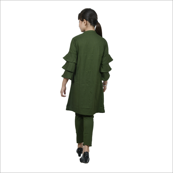 Girl Dark Green Colored Knee Length Shrug With 3 Piece - Cotton, All Season, Plain/printed, Quick Dry & Washable Features | Ideal For Everyday Wear